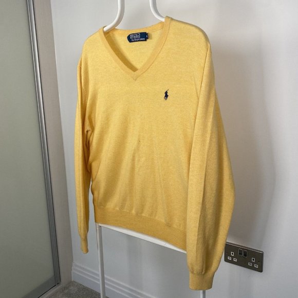 Polo Ralph Lauren 100% Merino Wool Jumper V-Neck Sweater Yellow Medium - Picture 3 of 14